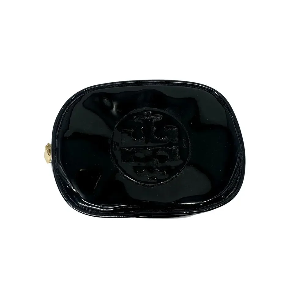 Tory Burch Black Patent Leather Embossed Logo Top Zip Cosmetic Case Pouch Bag OS